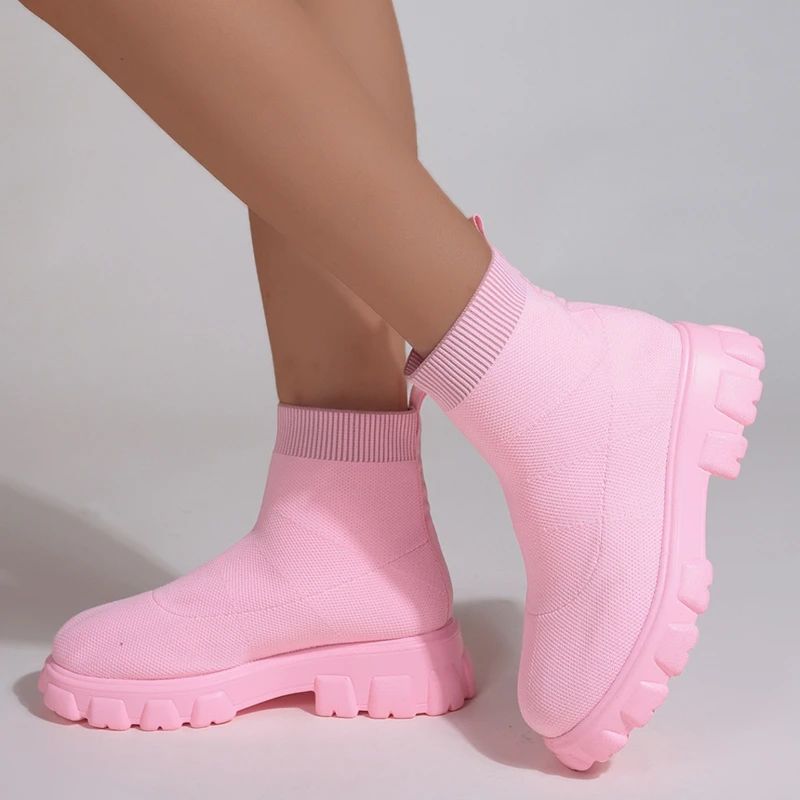 Mesh Breathable Sock Boots Women's Candy Color Pancake Thick Sole Large Size Short Boots Women Ankle Boots Lightweight Casual Shoes for Women Wedge Fashion Sock Boots Knitting Winter Medium Tube Platf