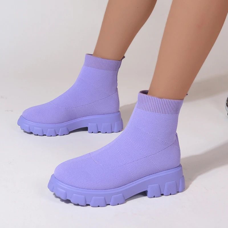 Mesh Breathable Sock Boots Women's Candy Color Pancake Thick Sole Large Size Short Boots Women Ankle Boots Lightweight Casual Shoes for Women Wedge Fashion Sock Boots Knitting Winter Medium Tube Platf