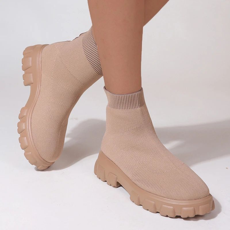 Mesh Breathable Sock Boots Women's Candy Color Pancake Thick Sole Large Size Short Boots Women Ankle Boots Lightweight Casual Shoes for Women Wedge Fashion Sock Boots Knitting Winter Medium Tube Platf