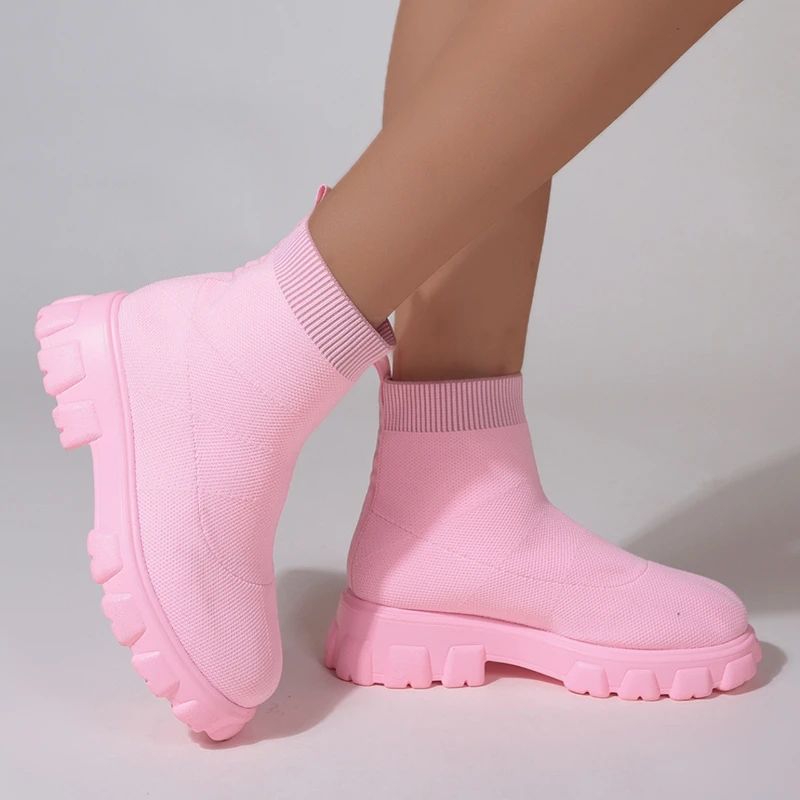 Mesh Breathable Sock Boots Women's Candy Color Pancake Thick Sole Large Size Short Boots Women Ankle Boots Lightweight Casual Shoes for Women Wedge Fashion Sock Boots Knitting Winter Medium Tube Platf