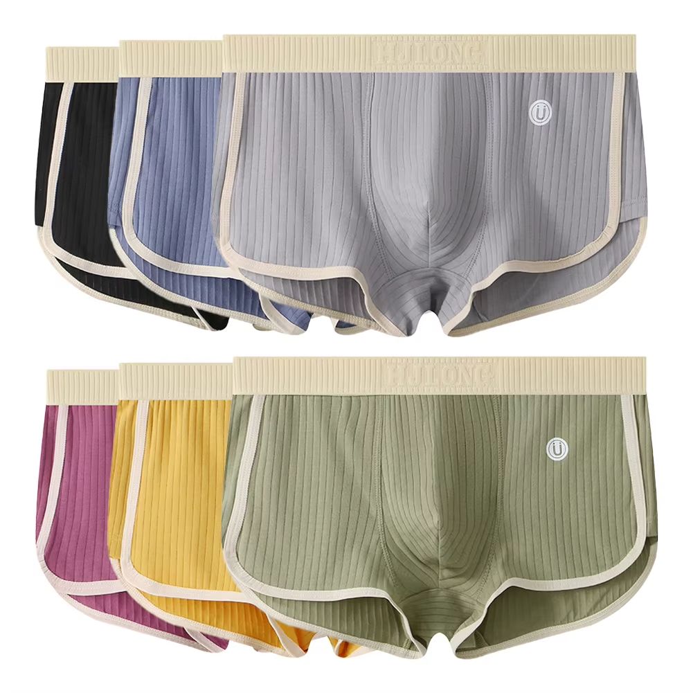 3PCS 60-90 KG 100% Cotton Solid Striped Men's Boxer Sexy Breathable Mesh U Crotch Underwear High Elastic Widen Waistband Underpants (China size,choose one size larger than usual)