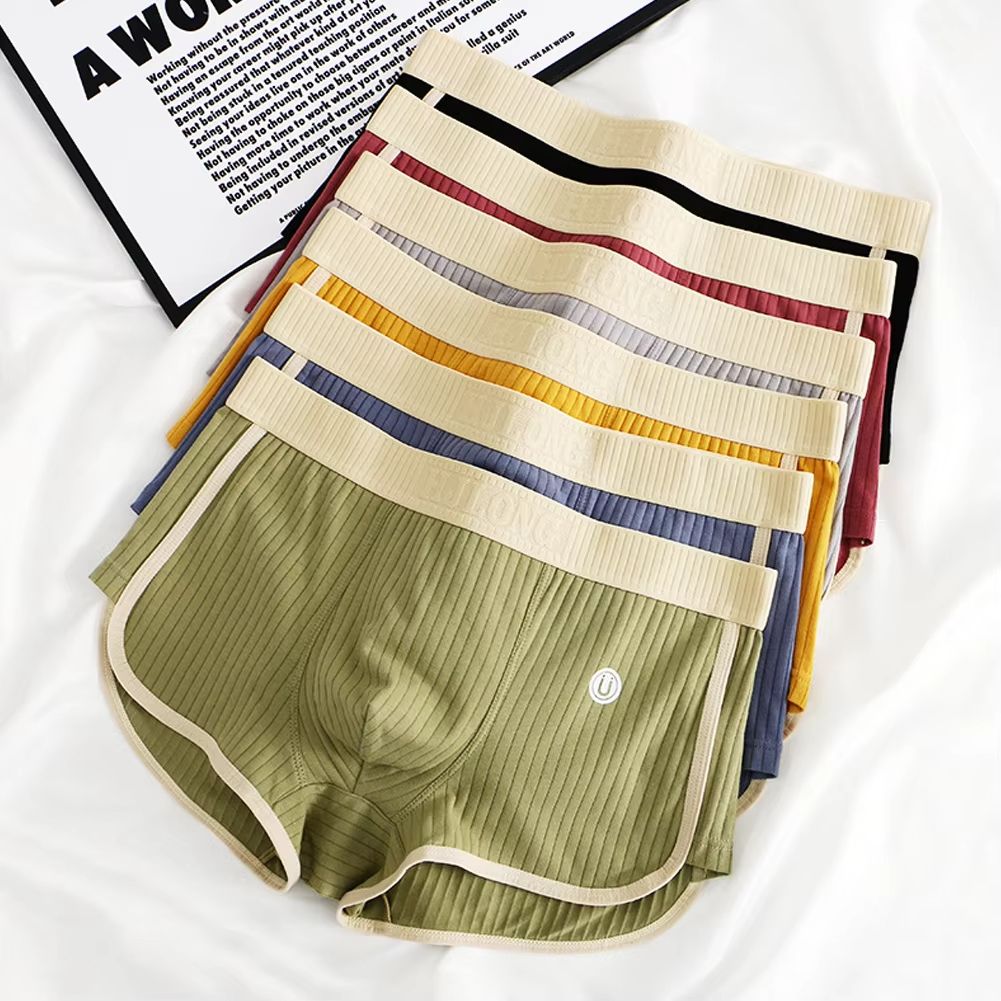 3PCS 60-90 KG 100% Cotton Solid Striped Men's Boxer Sexy Breathable Mesh U Crotch Underwear High Elastic Widen Waistband Underpants (China size,choose one size larger than usual)