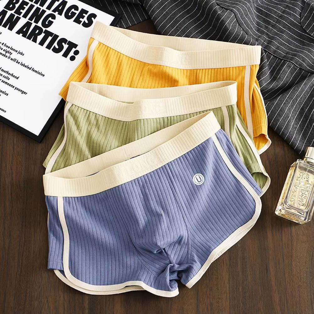 3PCS 60-90 KG 100% Cotton Solid Striped Men's Boxer Sexy Breathable Mesh U Crotch Underwear High Elastic Widen Waistband Underpants (China size,choose one size larger than usual)