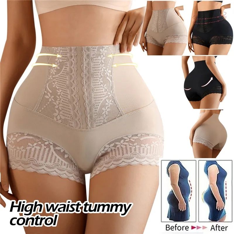 Women Seamless High Waist Tummy Control Shorts Panties Seamless Shapewear Briefs with Lace Trim Flat Belly Shaping Slimming Underwear Butt Lifter Boyshort Postpartum Underwear