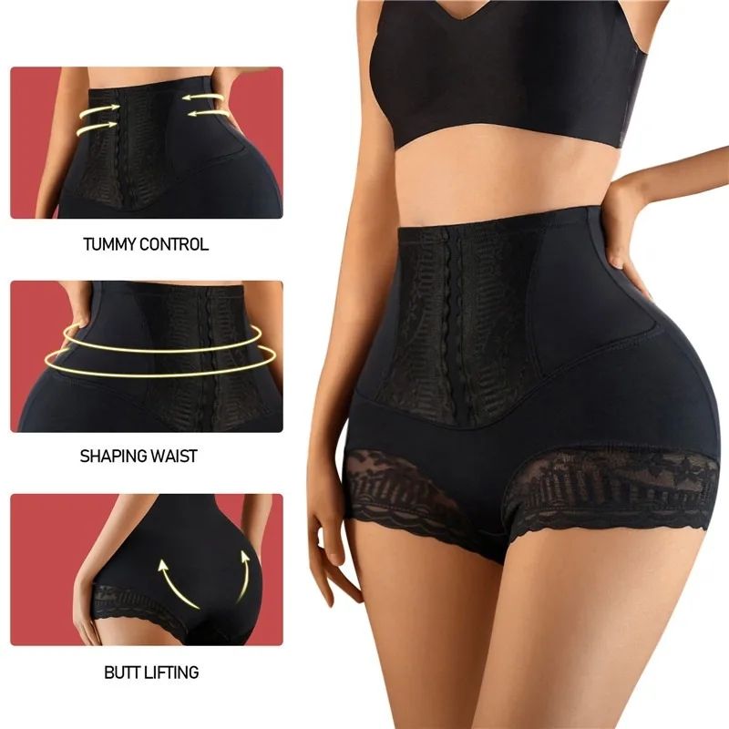 Women Seamless High Waist Tummy Control Shorts Panties Seamless Shapewear Briefs with Lace Trim Flat Belly Shaping Slimming Underwear Butt Lifter Boyshort Postpartum Underwear