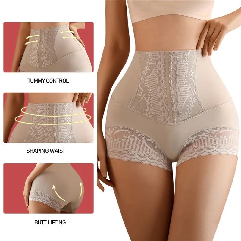 Women Seamless High Waist Tummy Control Shorts Panties Seamless Shapewear Briefs with Lace Trim Flat Belly Shaping Slimming Underwear Butt Lifter Boyshort Postpartum Underwear