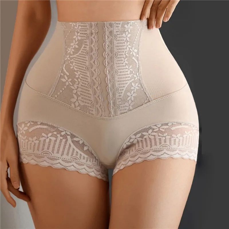 Women Seamless High Waist Tummy Control Shorts Panties Seamless Shapewear Briefs with Lace Trim Flat Belly Shaping Slimming Underwear Butt Lifter Boyshort Postpartum Underwear