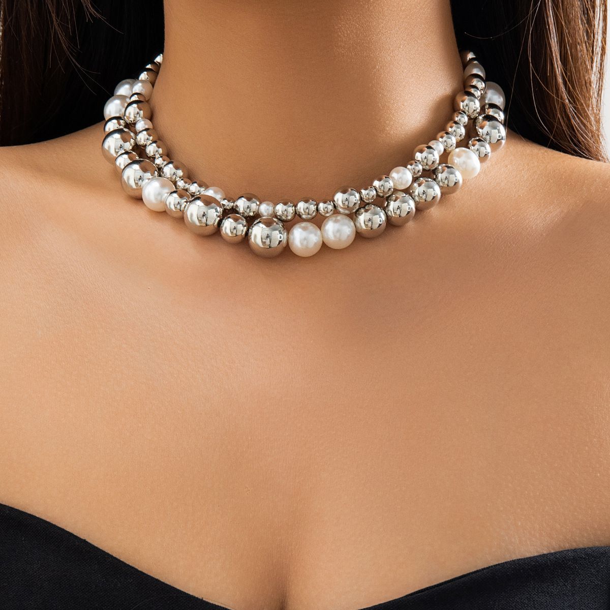 intage Silver-plate Geometric Exaggerated Artificial Pearl Chain Necklace For Women Female Fashion Boho Y2K Girl Jewelry Gift  Luxury Vintage Big Pearl Collar Choker 2024 New In Trend Jewelry Fashion