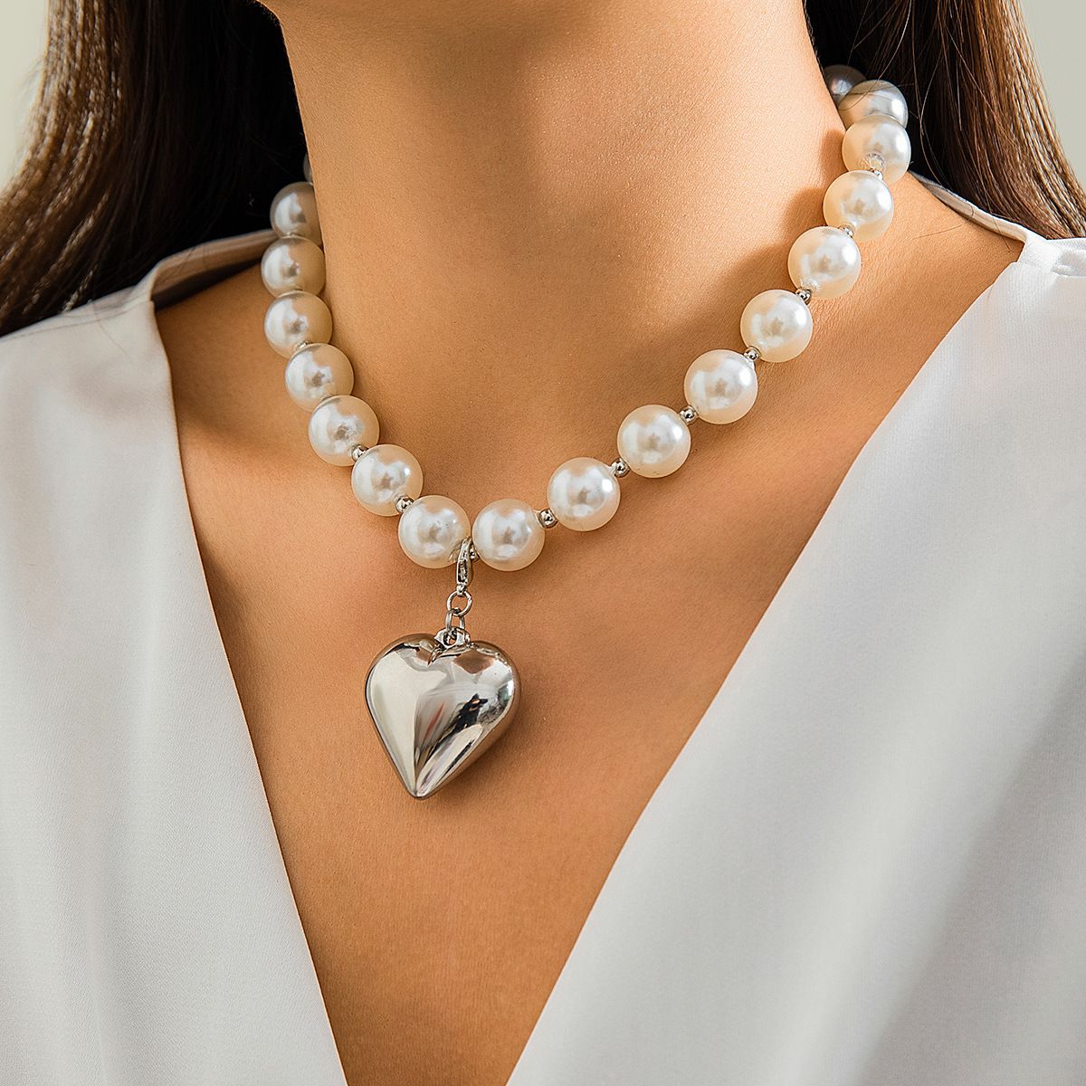 intage Silver-plate Geometric Exaggerated Artificial Pearl Chain Necklace For Women Female Fashion Boho Y2K Girl Jewelry Gift  Luxury Vintage Big Pearl Collar Choker 2024 New In Trend Jewelry Fashion