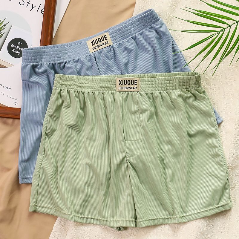 2PCS Summer Cool Ice Silk Arrow Pants Men Thin Underwear Loose Pajamas Homewear Sports Underpant Youth Boys Large Size Boxer Shorts