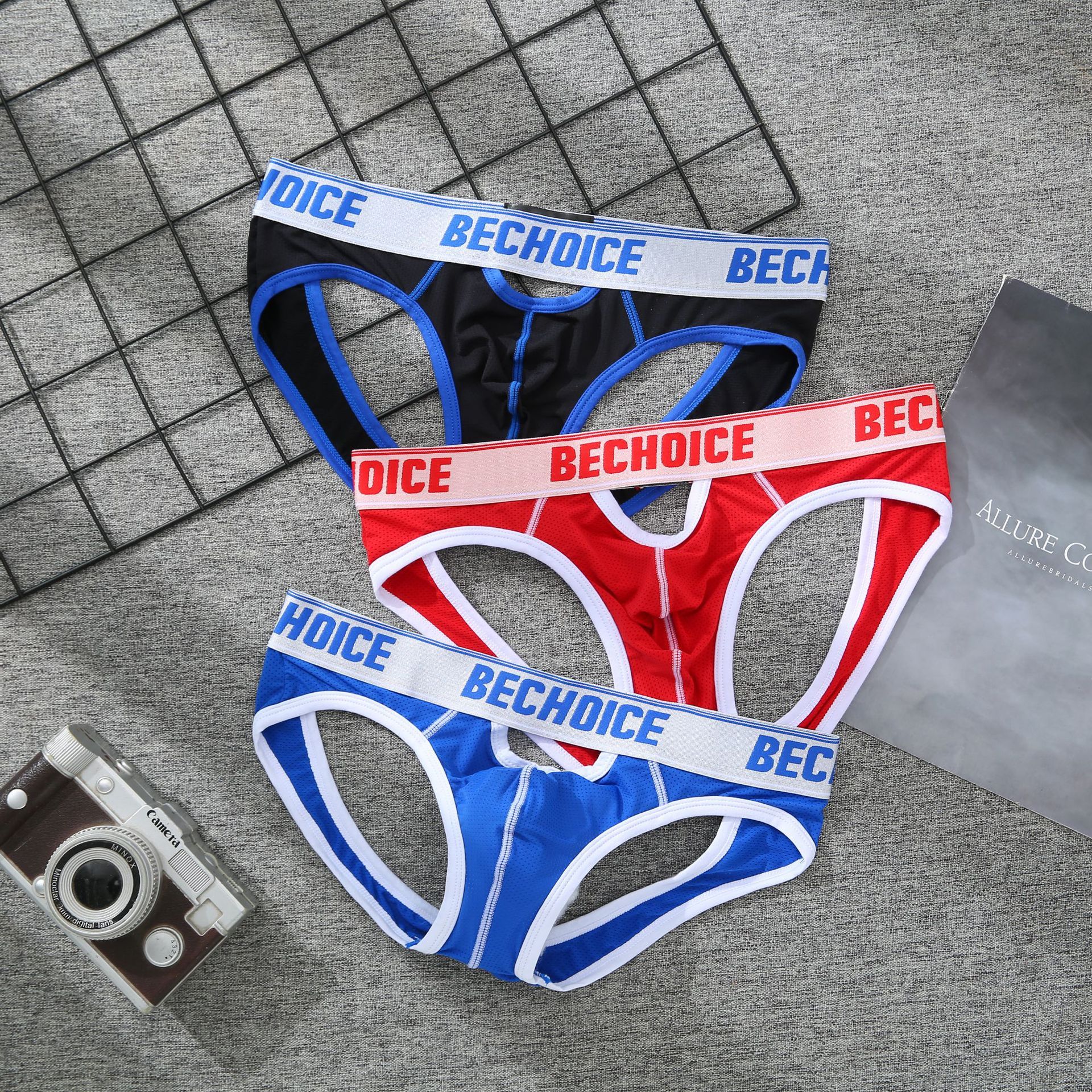 3PCS Men's sexy front and back small hollow panties tide comfortable breathable triangle pants men's rear hollow small mesh low waist sexy panties youth double thong