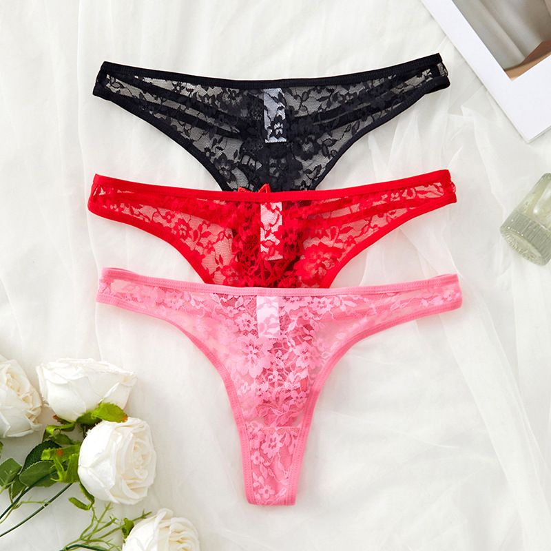 3PCS Women's lace panties red floral lace hollow spaghetti straps low-rise panties sexy lace thong panties double spaghetti straps briefs Sexy Underwear Ladies Thongs Lingerie Soft Comfortable