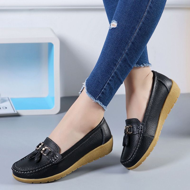 37-44 Genuine Leather Women Flats Fashion Casual Women Shoe Moccasins Shoes Woman Slip On Flat Shoes Black Ladies Shoes Plus Size Slip On Loafers Flats Women Moccasins Casual Sneakers