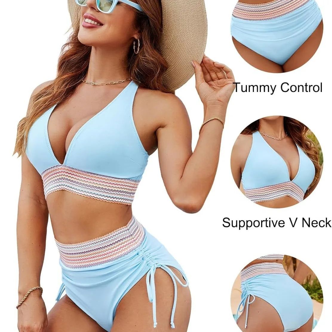 S-5XL 2025 Women's Shoulder High Waist Split Bikini Swimsuit Set with Chest Cushion and Adjustable Shoulder Straps
Summer Beachwear Women Textured Bikini Set Wide Shoulder Belt Swimwear High Waist