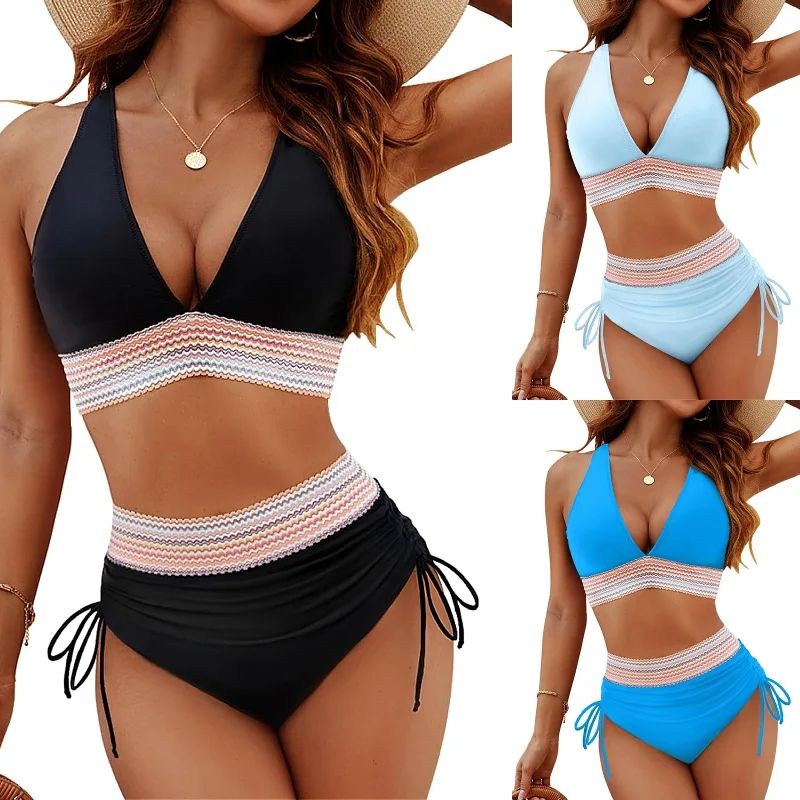 S-5XL 2025 Women's Shoulder High Waist Split Bikini Swimsuit Set with Chest Cushion and Adjustable Shoulder Straps
Summer Beachwear Women Textured Bikini Set Wide Shoulder Belt Swimwear High Waist