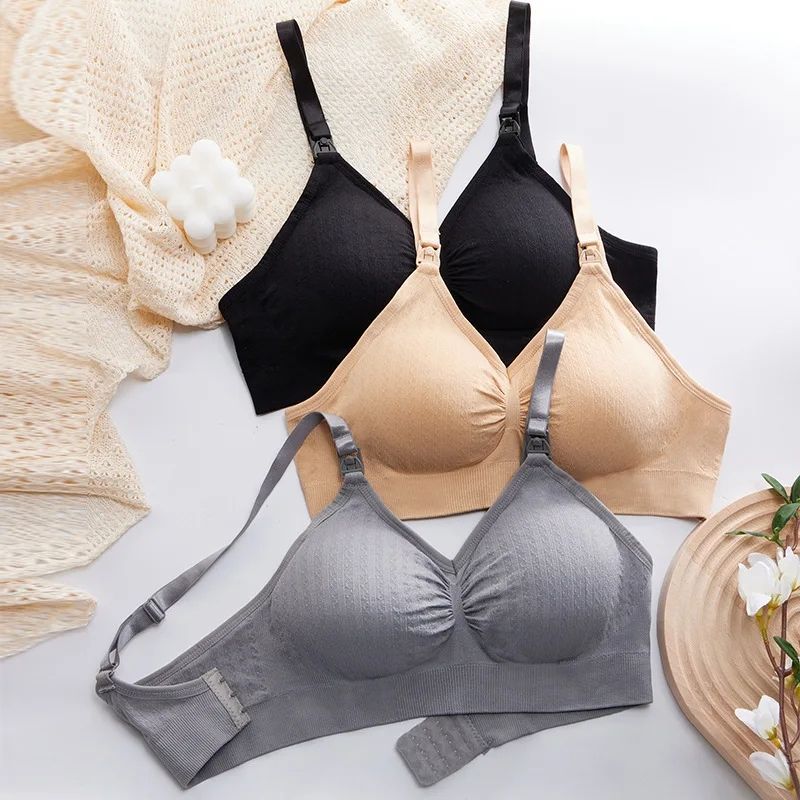 2PCS High Quality Single Handed Front Buckle Nursing Bra Breathable Women Breastfeeding Underwear Seamless Maternity Bra Push Up Front Open Nursing Bra Maternity Jelly Gel Laser Cutting Seamless