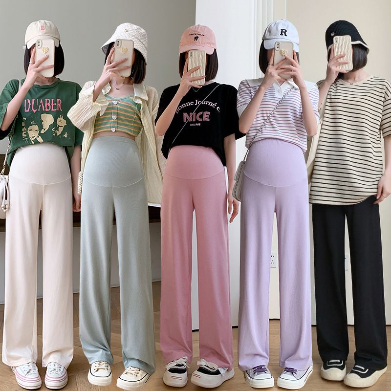 Summer Maternity Pants Summer Ice Silk Pants Wide Leg Pants Thin Wear Loose Pleated Maternity Nine-point Pants