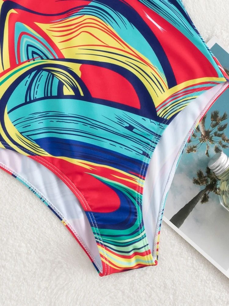 2025 Sexy Print Strapped Swimwear Women Push UP One Piece Swimsuit Backless Hollow Summer Bathing Suit One Piece Swimsuit, V Neck Printed Backless Tummy Control High Cut Bathing Suit