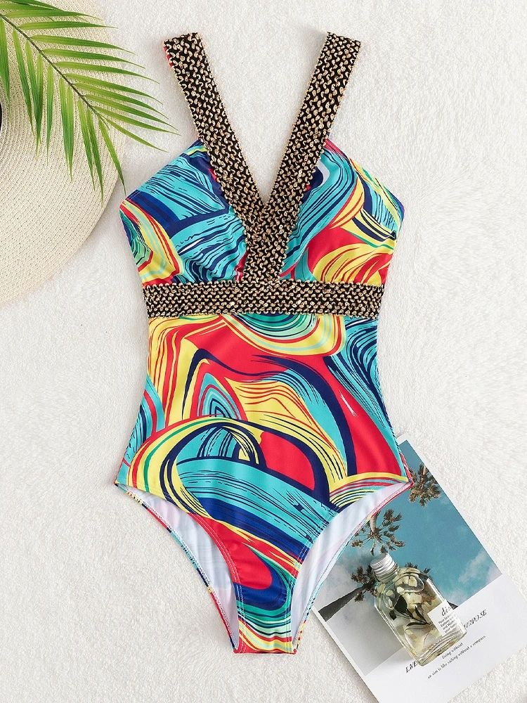 2025 Sexy Print Strapped Swimwear Women Push UP One Piece Swimsuit Backless Hollow Summer Bathing Suit One Piece Swimsuit, V Neck Printed Backless Tummy Control High Cut Bathing Suit