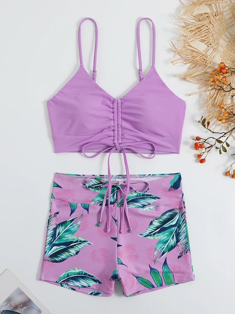 High Waist Bikini Swimsuit Women 2025 Push Up Bikini Floral Swimsuit Print Bikini boxers Swimwear Swim Trunks Bathing Suit Tropical Print Drawstring Bikini Women High Waist Swimsuit Tie Front Shorts