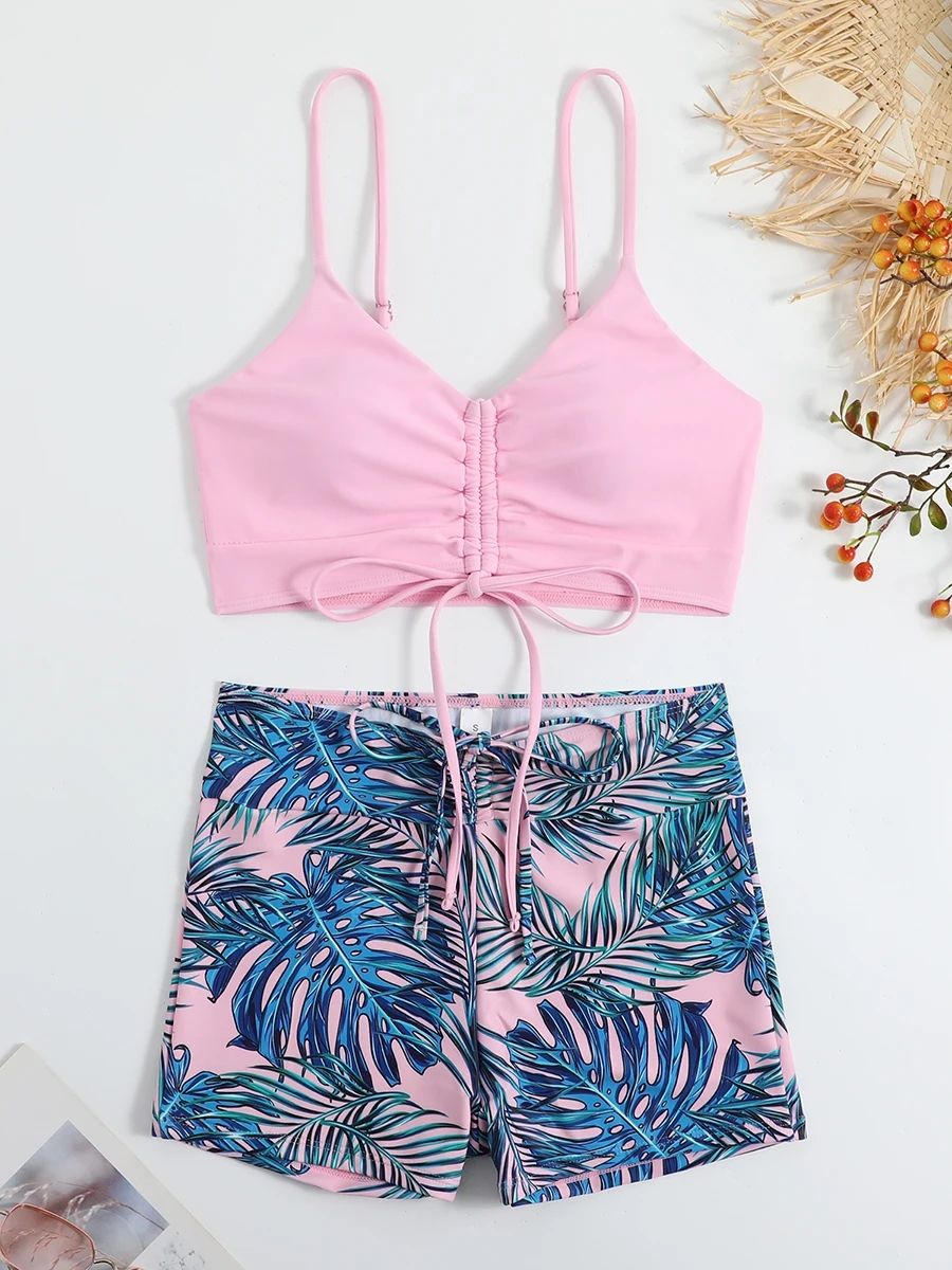 High Waist Bikini Swimsuit Women 2025 Push Up Bikini Floral Swimsuit Print Bikini boxers Swimwear Swim Trunks Bathing Suit Tropical Print Drawstring Bikini Women High Waist Swimsuit Tie Front Shorts