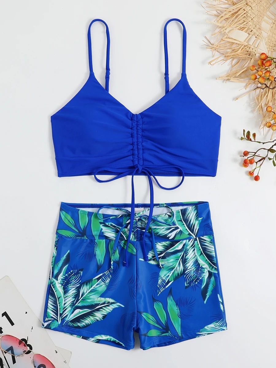 High Waist Bikini Swimsuit Women 2025 Push Up Bikini Floral Swimsuit Print Bikini boxers Swimwear Swim Trunks Bathing Suit Tropical Print Drawstring Bikini Women High Waist Swimsuit Tie Front Shorts
