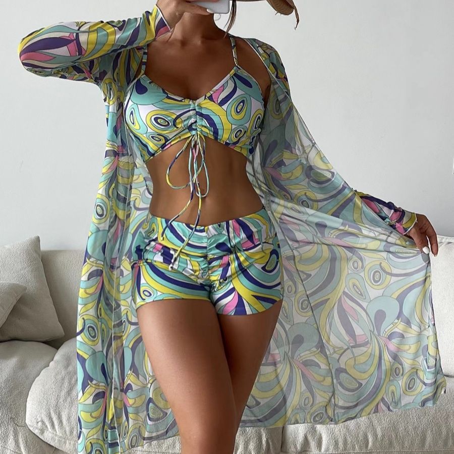 Summer Print Swimsuits Tankini Sets Female Swimwear Push Up For Beach Wear Three-Piece Bathing Suits Pool Women's Swimming Suit