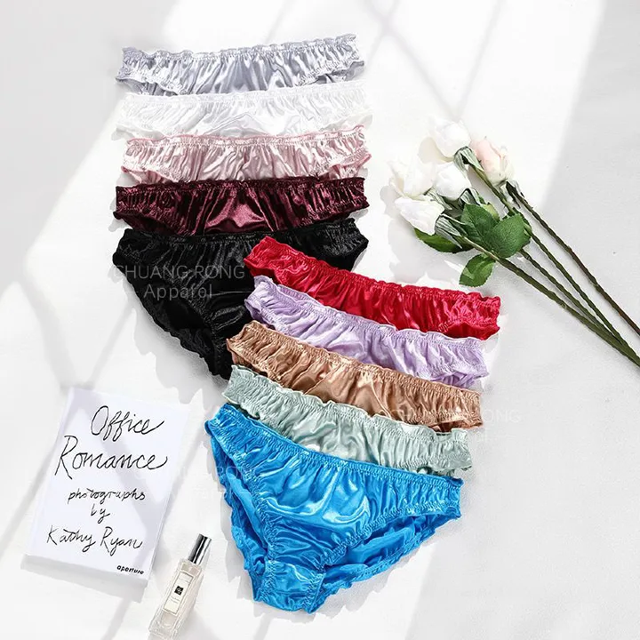 3PCS Women's panties Sexy Super Stretch Underpants Female Lingerie Low-Waist Satin Briefs Breathable And Comfortable Underwear Ladies Frill Trim Satin Ice Silk Seamless Underwear