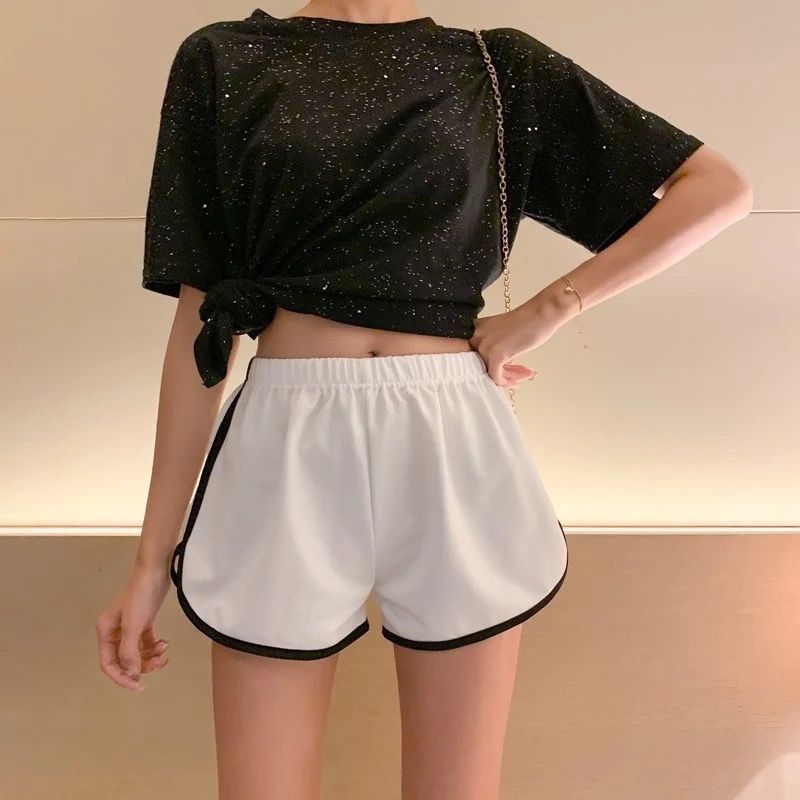 2PCS Fashion Stretch Waist Casual Shorts Woman High Waist Black White Shorts Harajuku Beach 2025 Sexy Short Women'S Clothing Women's Stretch Waist Casual Shorts, High Waist Shorts, Harajuku Beach