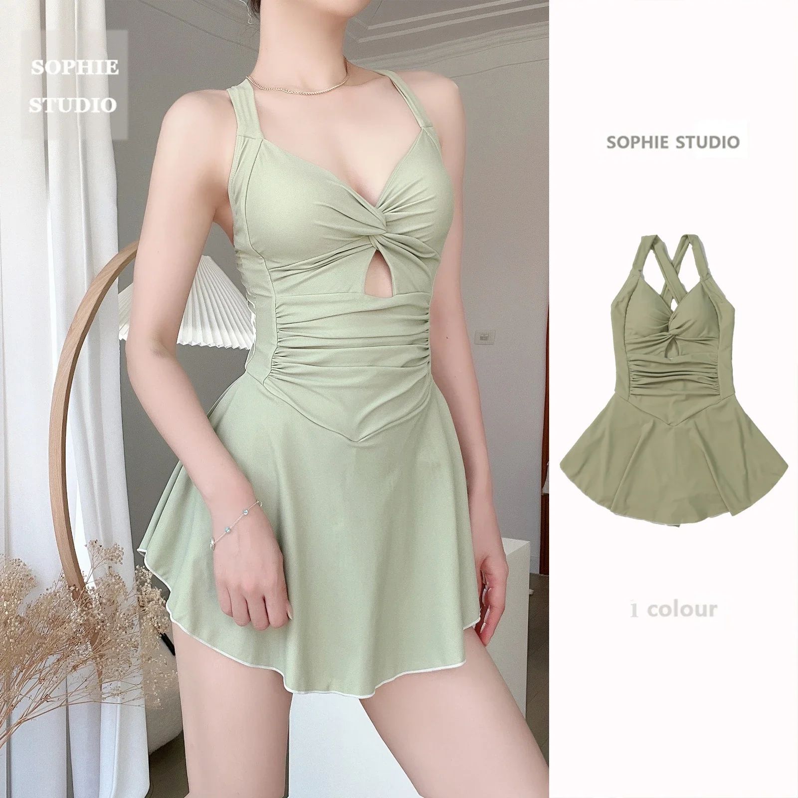 Cute Women Hanging Neck Sweet Swimwear Sexy One-piec Beach Wear Swim Suit Beach Dress Swimsuit High Waist Bathing Suit for Girls Swimming Suit for Women Solid Color Slimming One-piece Dress Style