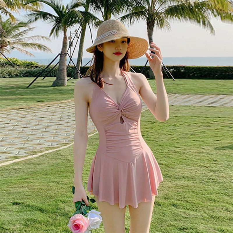 Cute Women Hanging Neck Sweet Swimwear Sexy One-piec Beach Wear Swim Suit Beach Dress Swimsuit High Waist Bathing Suit for Girls Swimming Suit for Women Solid Color Slimming One-piece Dress Style