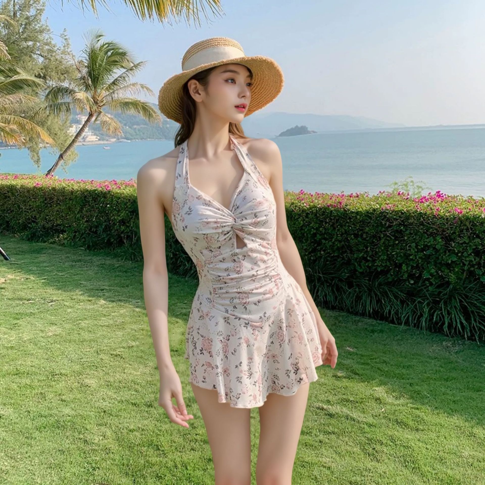 Cute Women Hanging Neck Sweet Swimwear Sexy One-piec Beach Wear Swim Suit Beach Dress Swimsuit High Waist Bathing Suit for Girls Swimming Suit for Women Solid Color Slimming One-piece Dress Style