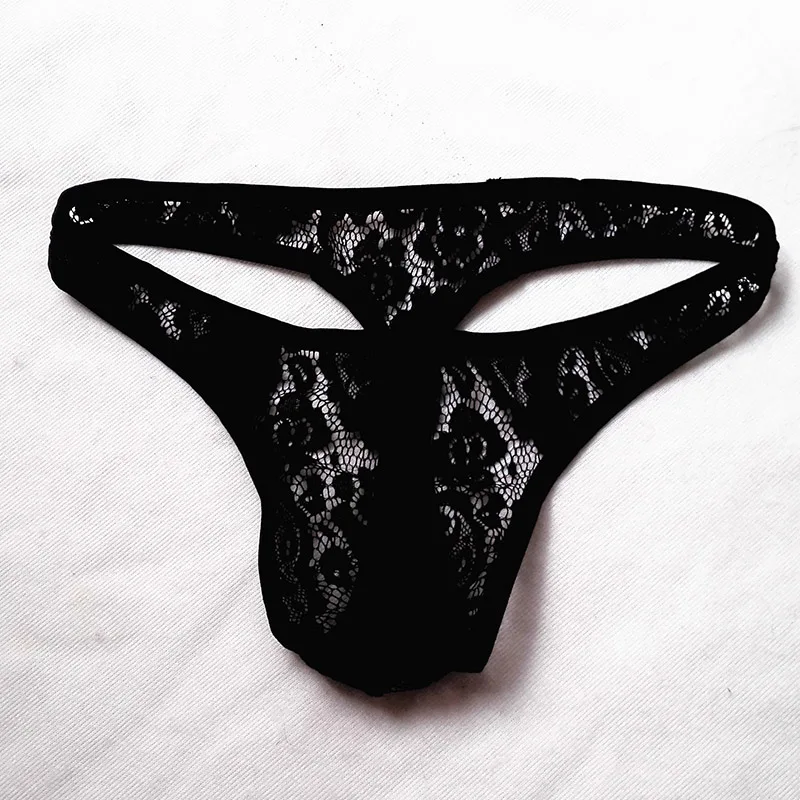 2PCS Men's Lace Thong Sexy Underwear See Through Tanga Hombre G-String Transparent Lingerie U Pouch Underpants T-Back Panties Erotic Lace Thong Men Sexy Underwear G-String Perspective Lingerie T-Back