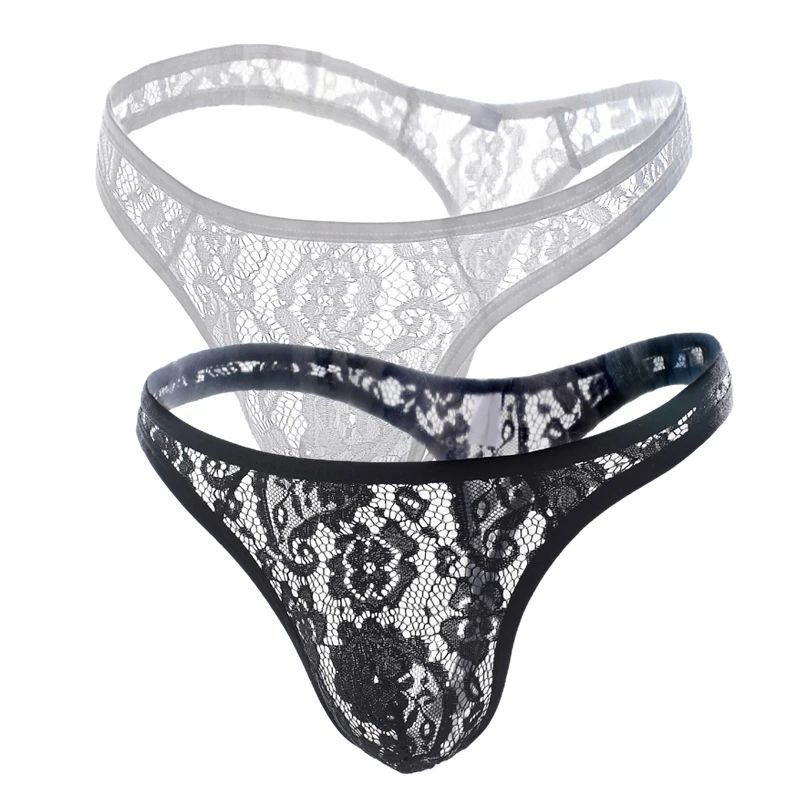 2PCS Men's Lace Thong Sexy Underwear See Through Tanga Hombre G-String Transparent Lingerie U Pouch Underpants T-Back Panties Erotic Lace Thong Men Sexy Underwear G-String Perspective Lingerie T-Back