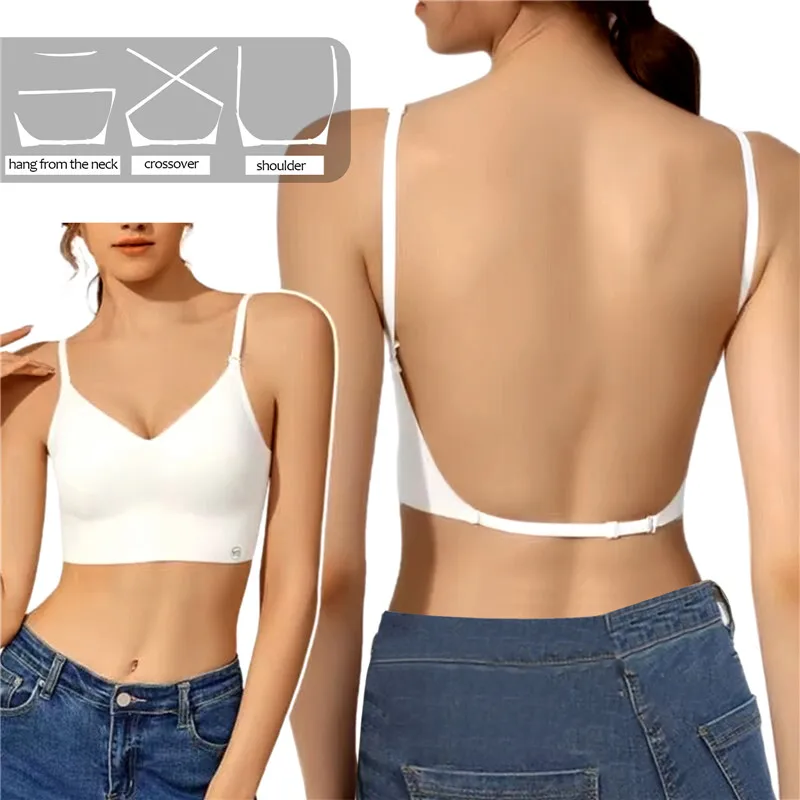 Women Invisible Bra Deep U Plunge Bras Backless Top for Dresses Lingerie with Transparent Strap Push Up Strapless Underwea Backless U-shaped Beautiful Back Sling Underwear Seamless Small Chest