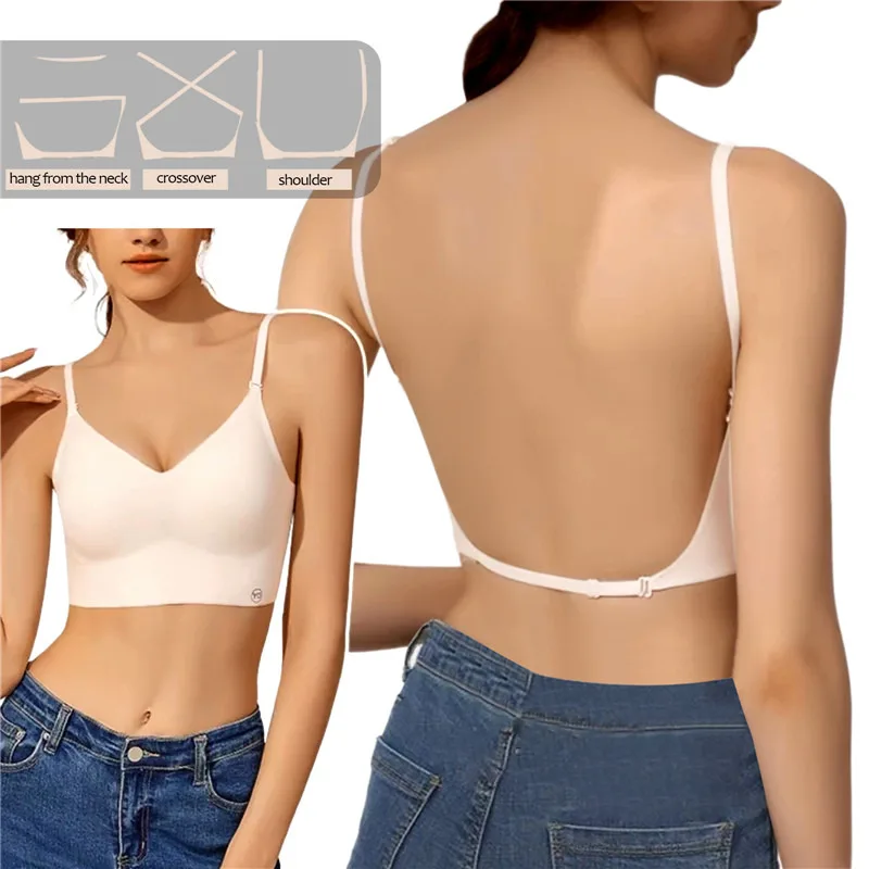 Women Invisible Bra Deep U Plunge Bras Backless Top for Dresses Lingerie with Transparent Strap Push Up Strapless Underwea Backless U-shaped Beautiful Back Sling Underwear Seamless Small Chest