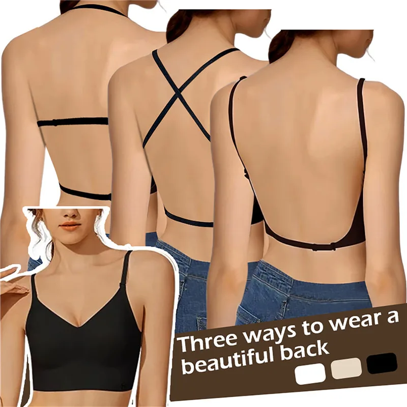 Women Invisible Bra Deep U Plunge Bras Backless Top for Dresses Lingerie with Transparent Strap Push Up Strapless Underwea Backless U-shaped Beautiful Back Sling Underwear Seamless Small Chest