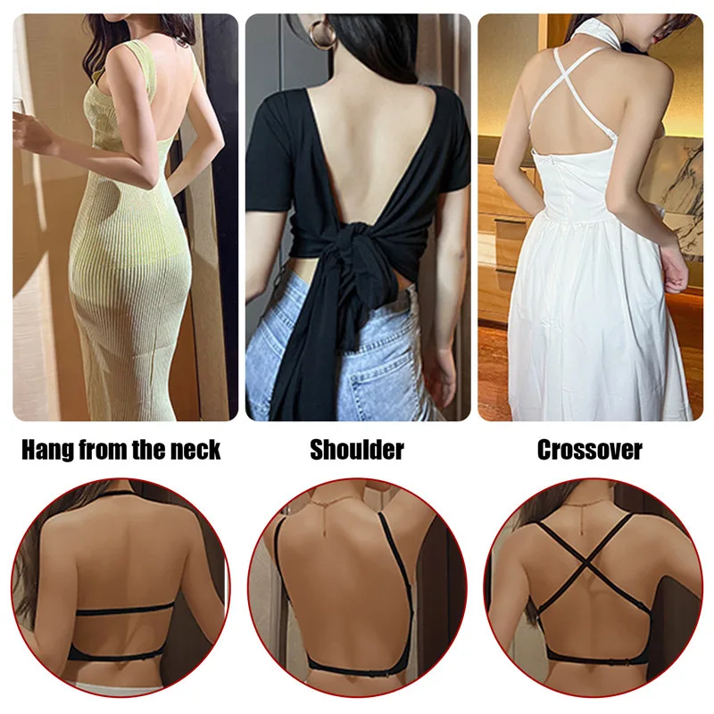 Women Invisible Bra Deep U Plunge Bras Backless Top for Dresses Lingerie with Transparent Strap Push Up Strapless Underwea Backless U-shaped Beautiful Back Sling Underwear Seamless Small Chest