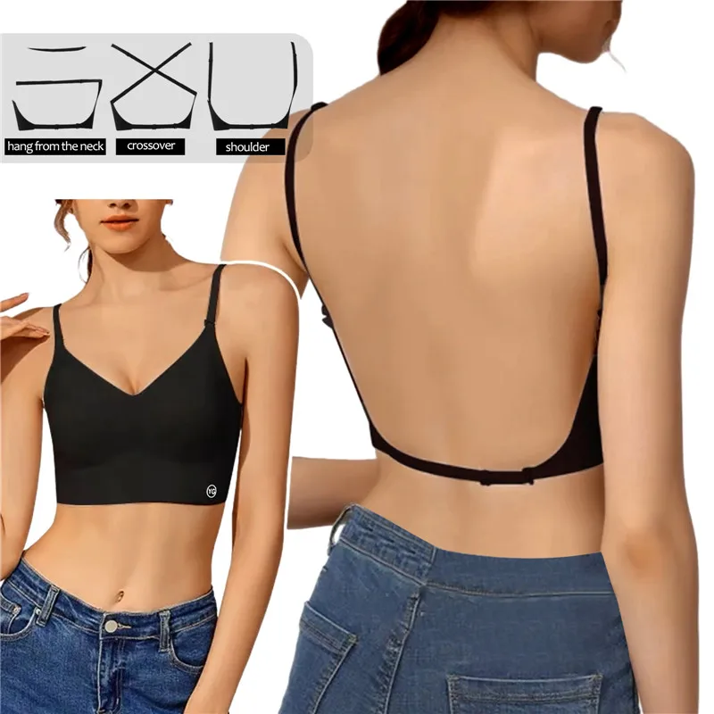 Women Invisible Bra Deep U Plunge Bras Backless Top for Dresses Lingerie with Transparent Strap Push Up Strapless Underwea Backless U-shaped Beautiful Back Sling Underwear Seamless Small Chest