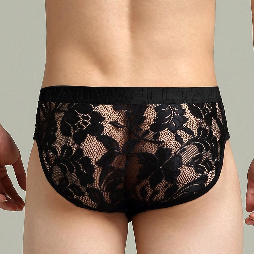2PCS Mens Lace Panties Sexy Sissy Underwear Lingerie Low Rise Underpants Transparent Lace Briefs Men See Through Sexy Lace Panties Male Transparent Underpants Plus Size Solid Color Men Underwear