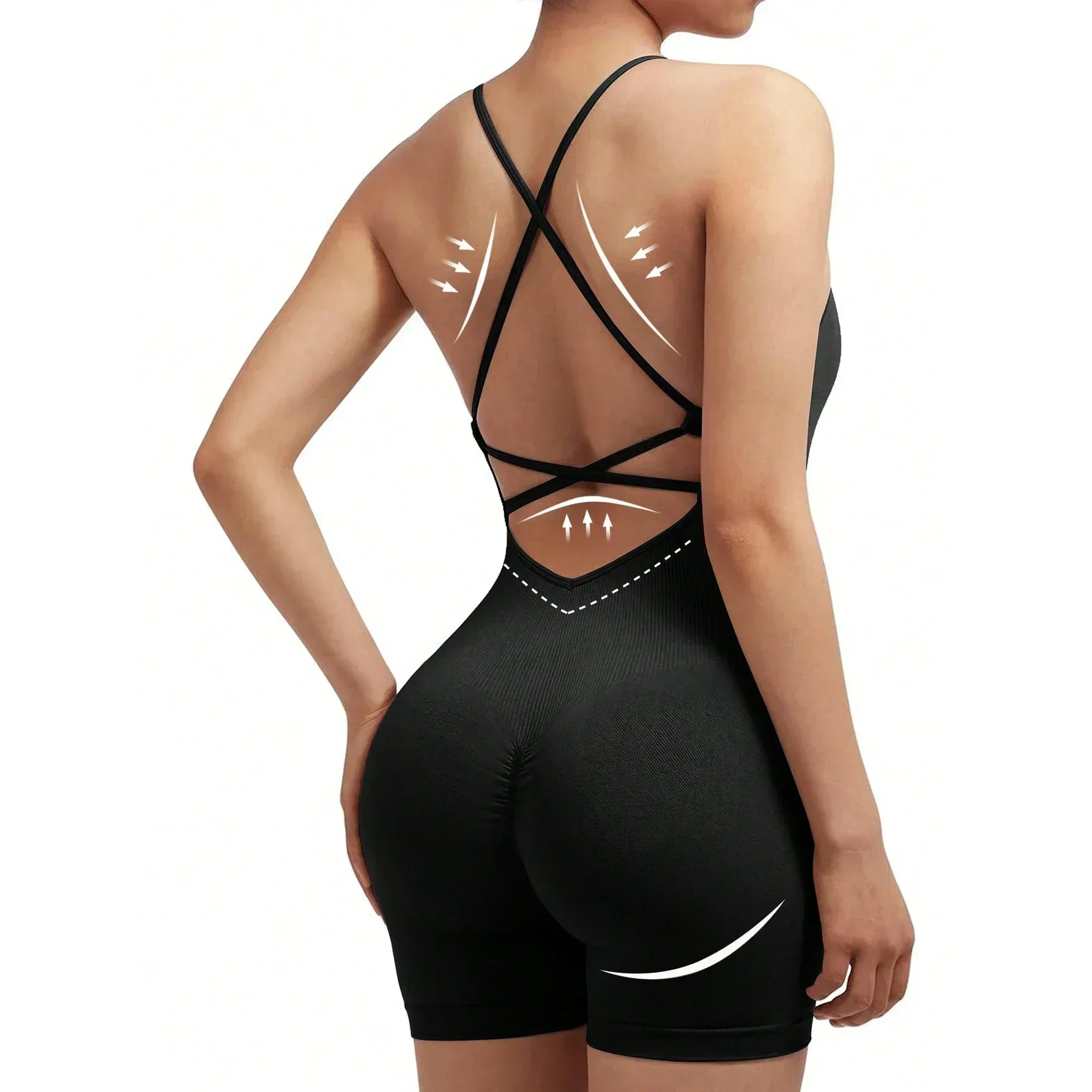 Yoga Sxy Criss Cross Backless Cami Sports Romper,Women's Jumpsuits Ribbed One Piece Workout Sleeveless Rompers Tank Top Shorts Girl Backless Jumpsuit Workout Bodysuit Women Gym Sports Overall Sportswe