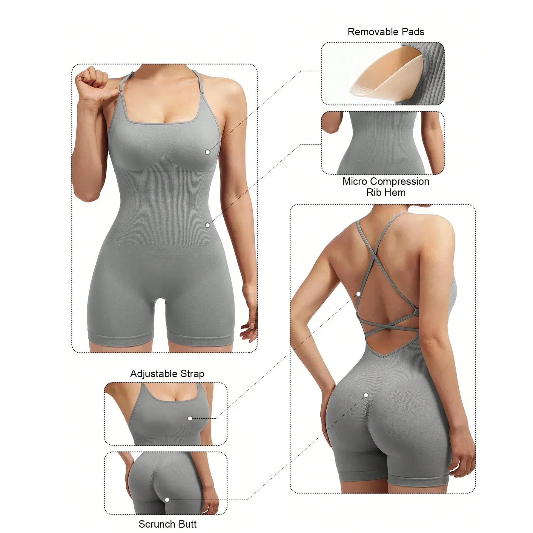 Yoga Sxy Criss Cross Backless Cami Sports Romper,Women's Jumpsuits Ribbed One Piece Workout Sleeveless Rompers Tank Top Shorts Girl Backless Jumpsuit Workout Bodysuit Women Gym Sports Overall Sportswe