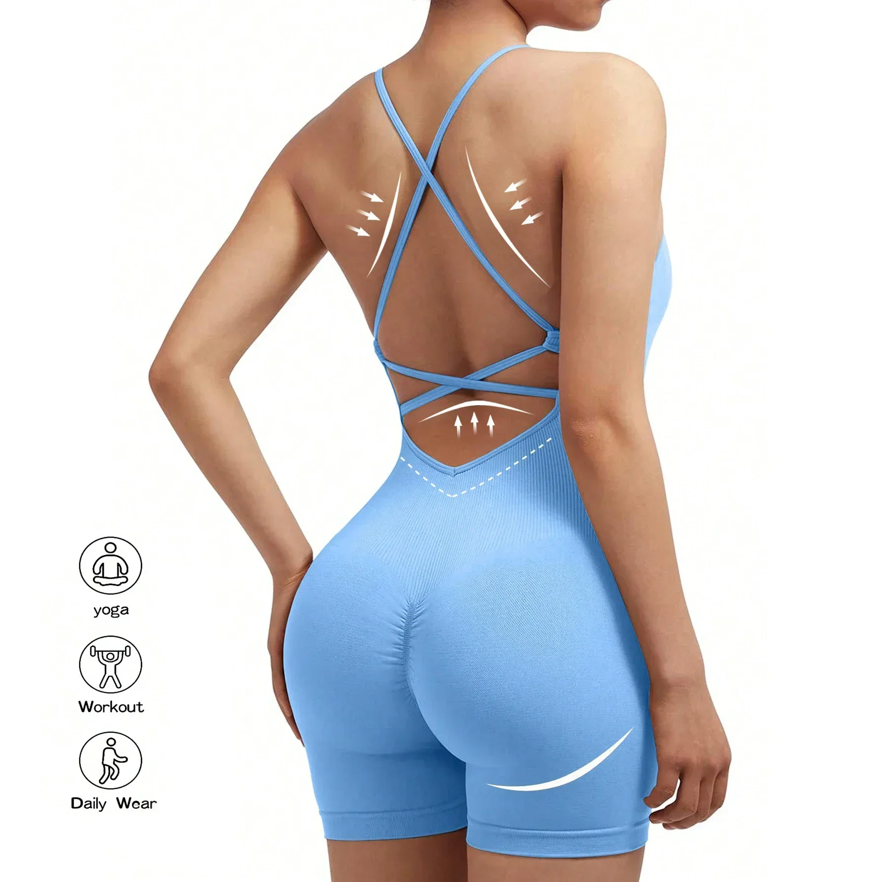 Yoga Sxy Criss Cross Backless Cami Sports Romper,Women's Jumpsuits Ribbed One Piece Workout Sleeveless Rompers Tank Top Shorts Girl Backless Jumpsuit Workout Bodysuit Women Gym Sports Overall Sportswe