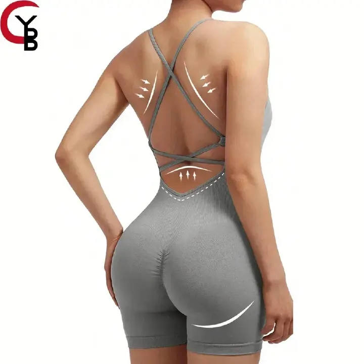 Yoga Sxy Criss Cross Backless Cami Sports Romper,Women's Jumpsuits Ribbed One Piece Workout Sleeveless Rompers Tank Top Shorts Girl Backless Jumpsuit Workout Bodysuit Women Gym Sports Overall Sportswe