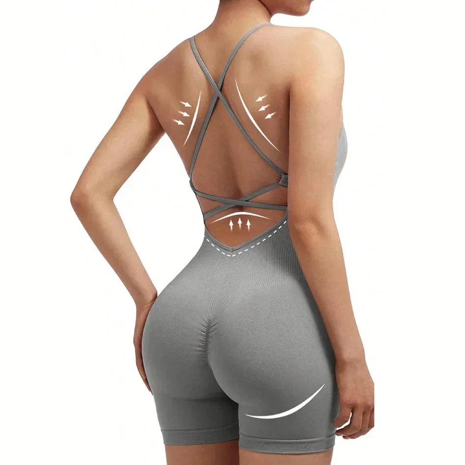 Yoga Sxy Criss Cross Backless Cami Sports Romper,Women's Jumpsuits Ribbed One Piece Workout Sleeveless Rompers Tank Top Shorts Girl Backless Jumpsuit Workout Bodysuit Women Gym Sports Overall Sportswe