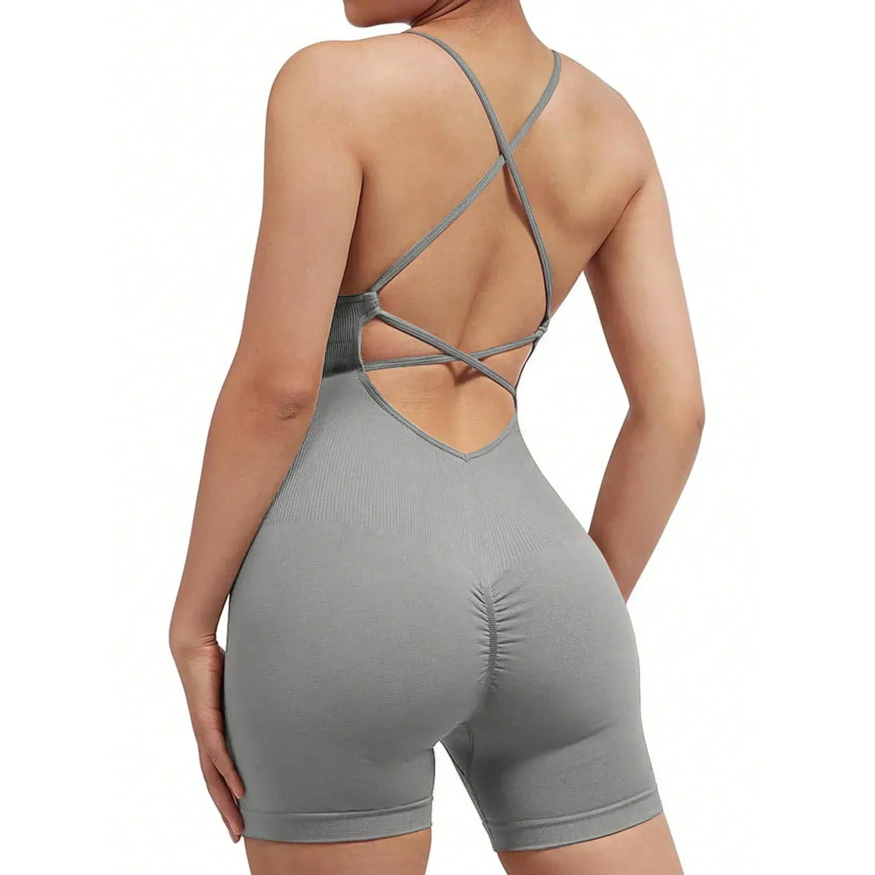 Yoga Sxy Criss Cross Backless Cami Sports Romper,Women's Jumpsuits Ribbed One Piece Workout Sleeveless Rompers Tank Top Shorts Girl Backless Jumpsuit Workout Bodysuit Women Gym Sports Overall Sportswe