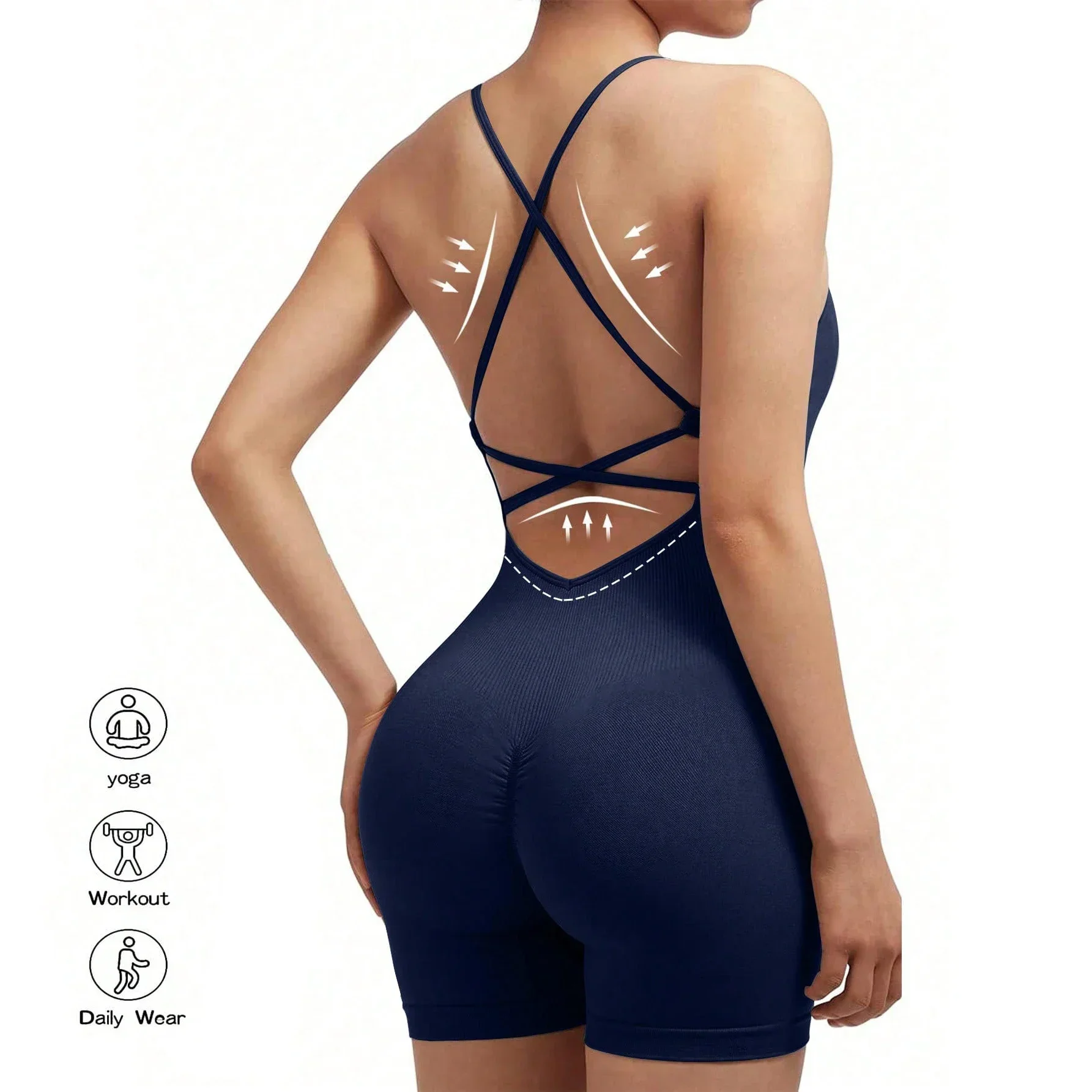 Yoga Sxy Criss Cross Backless Cami Sports Romper,Women's Jumpsuits Ribbed One Piece Workout Sleeveless Rompers Tank Top Shorts Girl Backless Jumpsuit Workout Bodysuit Women Gym Sports Overall Sportswe