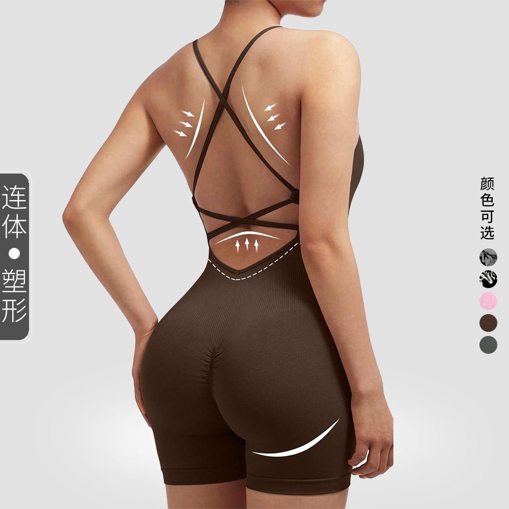 Yoga Sxy Criss Cross Backless Cami Sports Romper,Women's Jumpsuits Ribbed One Piece Workout Sleeveless Rompers Tank Top Shorts Girl Backless Jumpsuit Workout Bodysuit Women Gym Sports Overall Sportswe