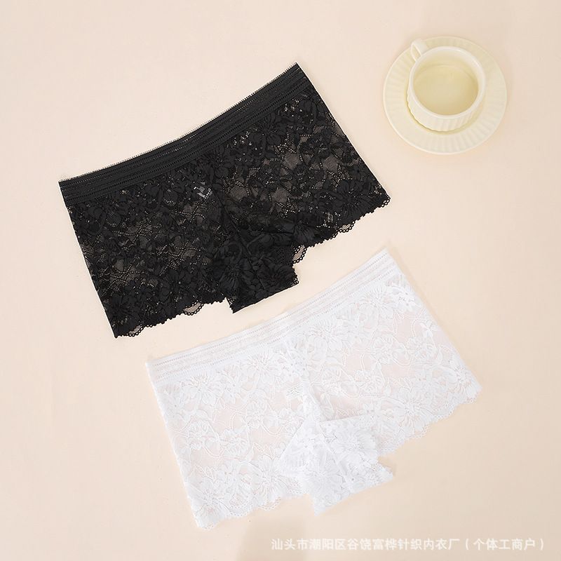 2PCS Female Boxers Underwear Silk Boyshorts Women Transparent Panties Shorts Ladies Perspective Lingerie Lace Transparent Floral Boxers Solid Color Perspective Shorts Hollow Out Ladies Floral Boxers