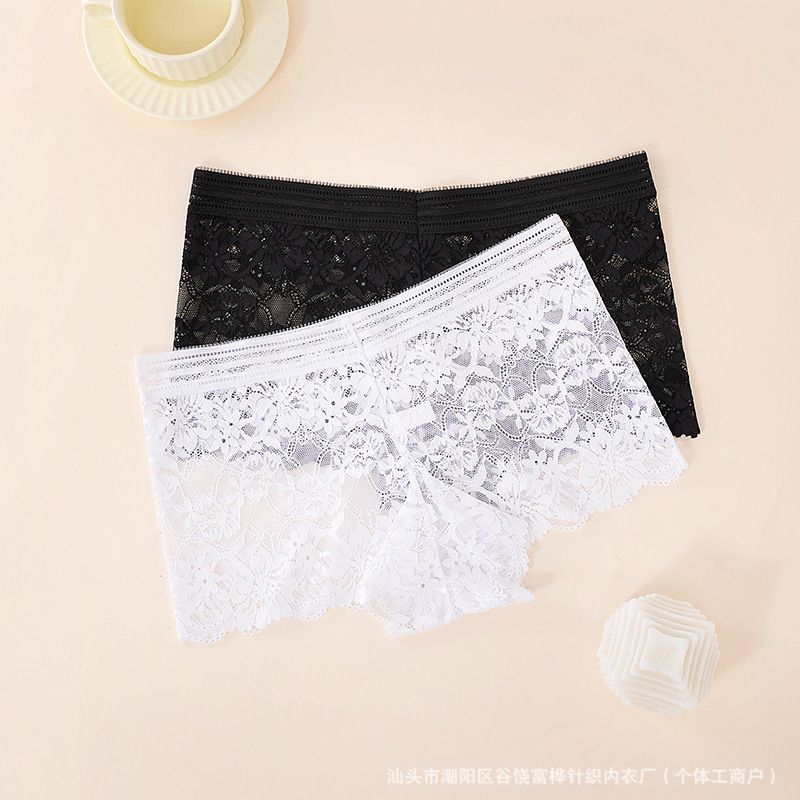2PCS Female Boxers Underwear Silk Boyshorts Women Transparent Panties Shorts Ladies Perspective Lingerie Lace Transparent Floral Boxers Solid Color Perspective Shorts Hollow Out Ladies Floral Boxers